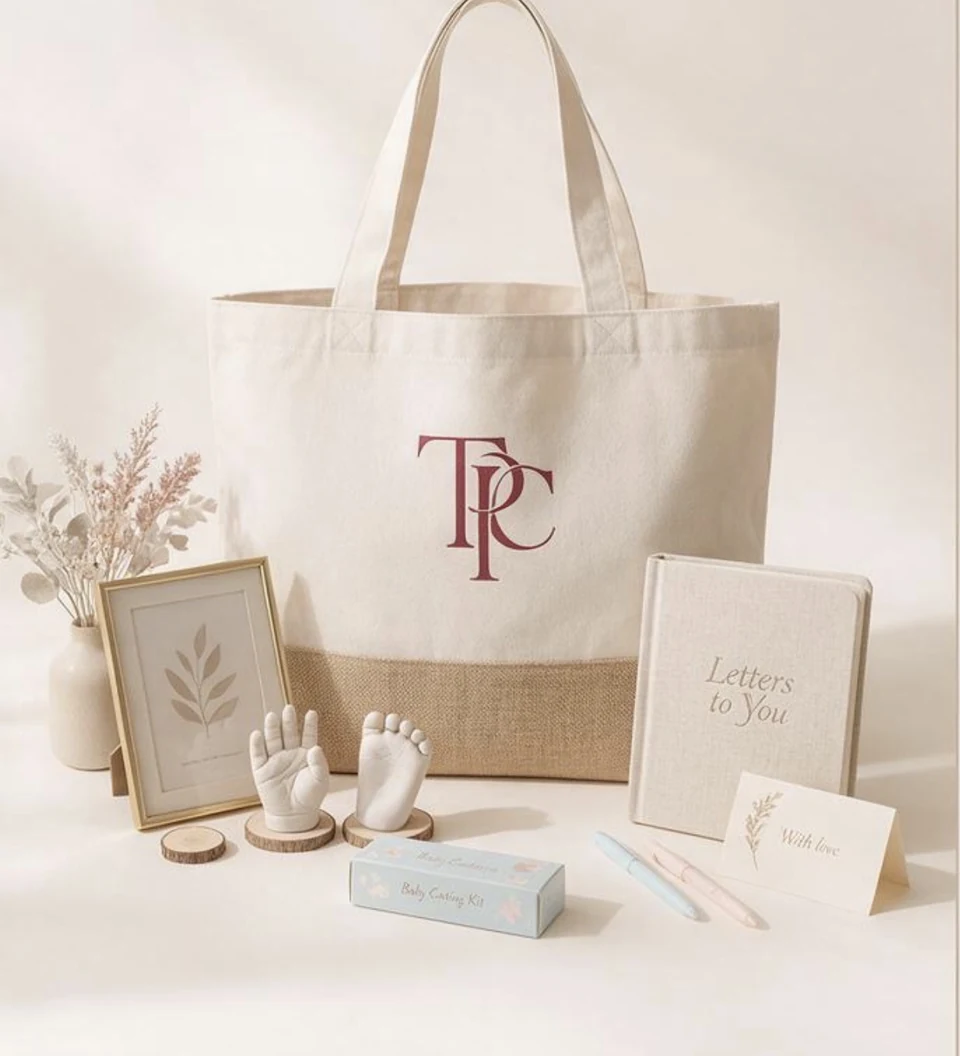 The Carry Project memorial tote with a keepsake frame, baby foot casts, journal, pens, and note.