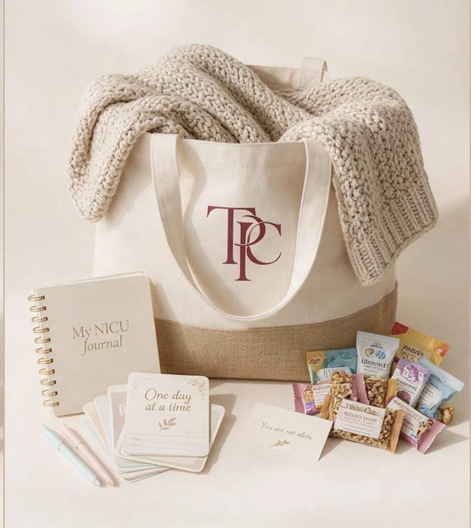 The Carry Project NICU tote with a knitted blanket, journal, milestone cards, snacks, and note.